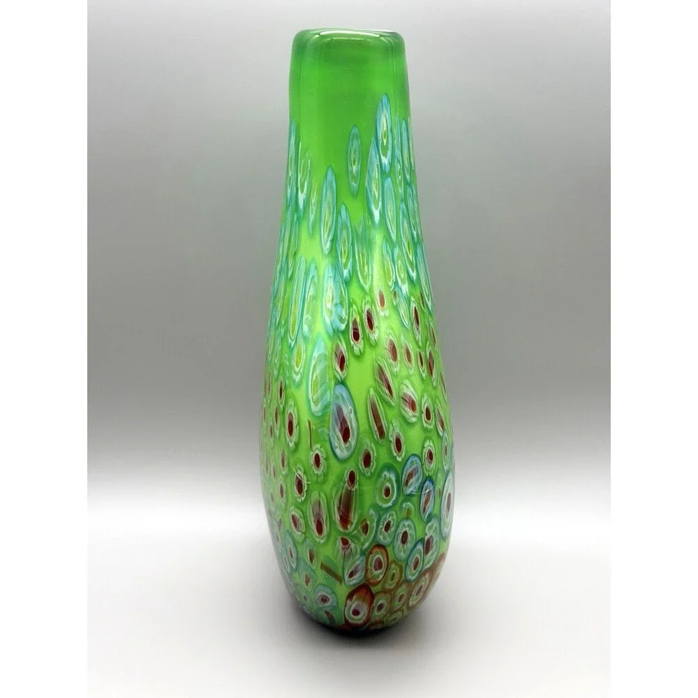 VTG DS Studio Green Peacock Eye Murrine Glass Vase Millefiori Murano Style 12.5